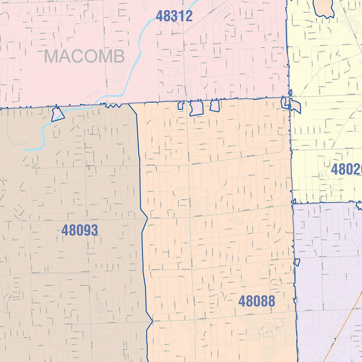Color Cast Zip Code Style Wall Map of Warren, MI