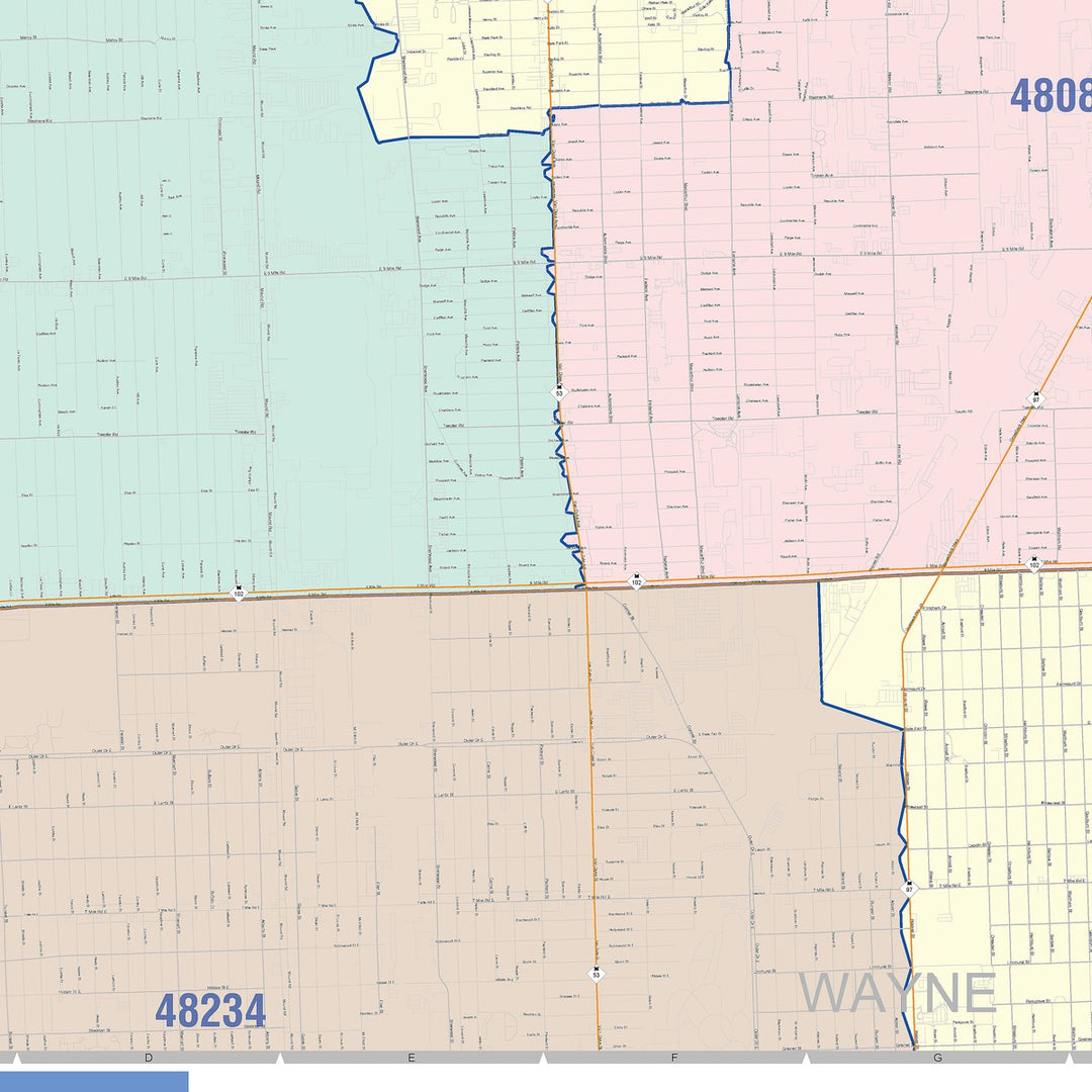 Color Cast Zip Code Style Wall Map of Warren, MI