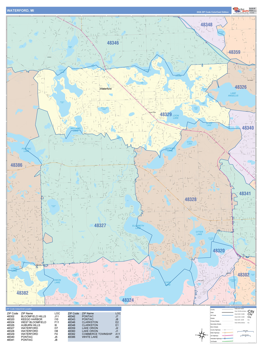 Color Cast Zip Code Style Wall Map of Waterford, MI