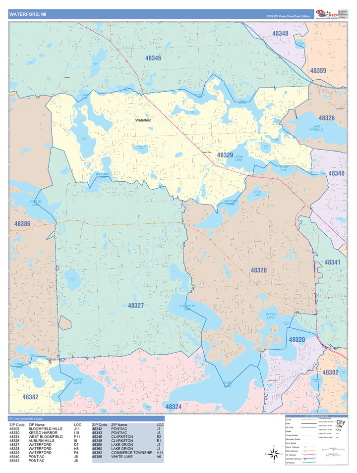 Color Cast Zip Code Style Wall Map of Waterford, MI