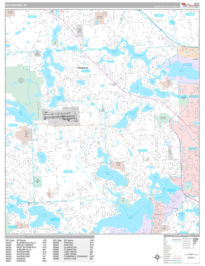 Premium Style Wall Map of Waterford, MI