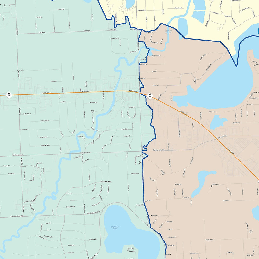 Color Cast Zip Code Style Wall Map of Waterford, MI