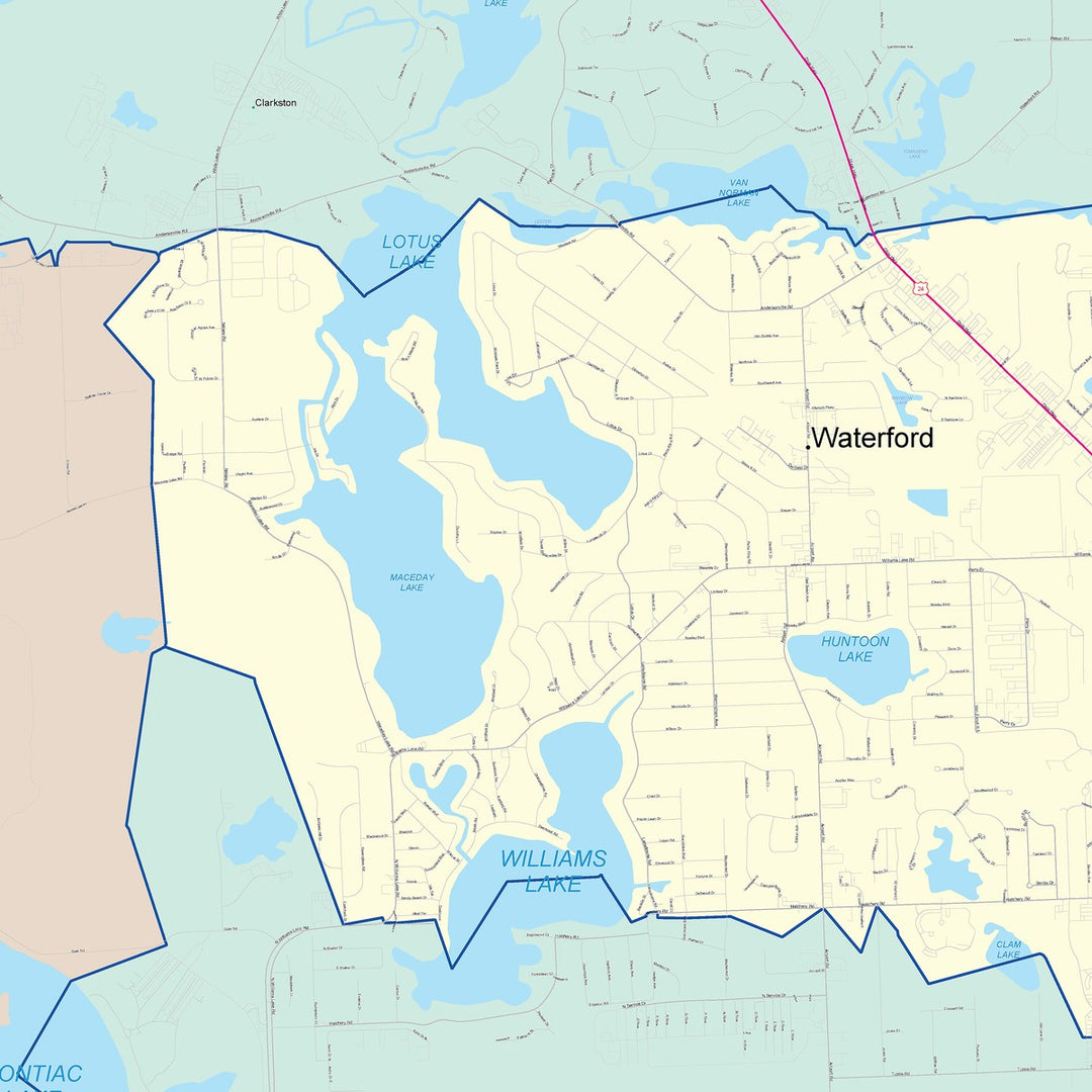 Color Cast Zip Code Style Wall Map of Waterford, MI