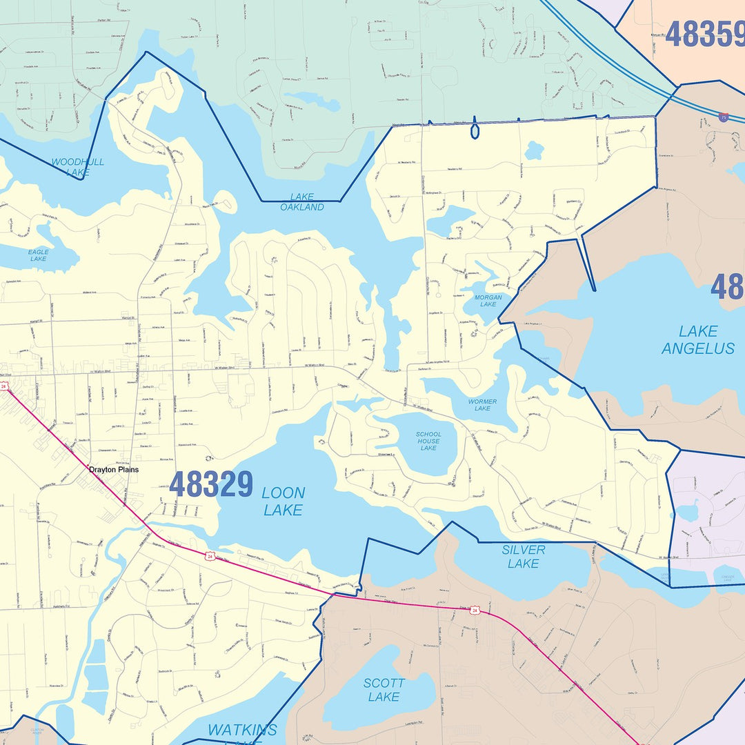 Color Cast Zip Code Style Wall Map of Waterford, MI