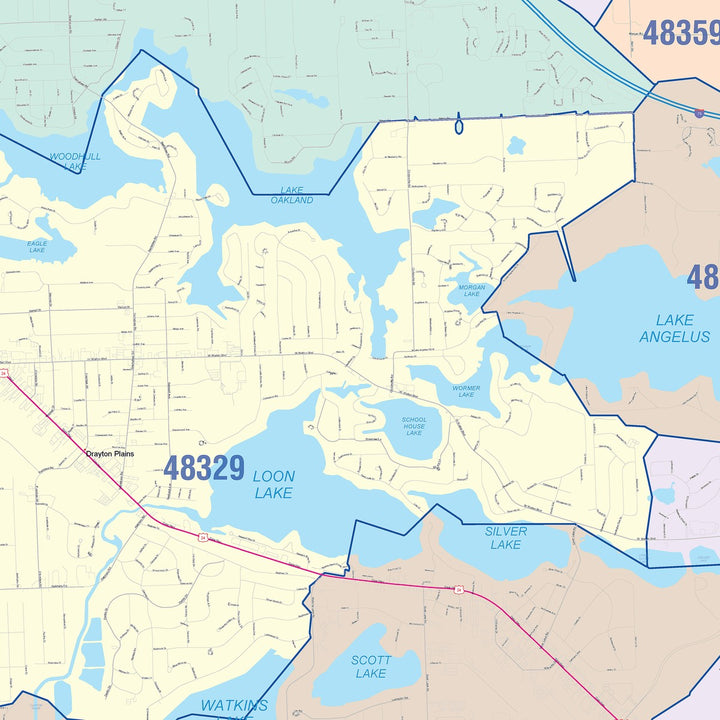 Color Cast Zip Code Style Wall Map of Waterford, MI