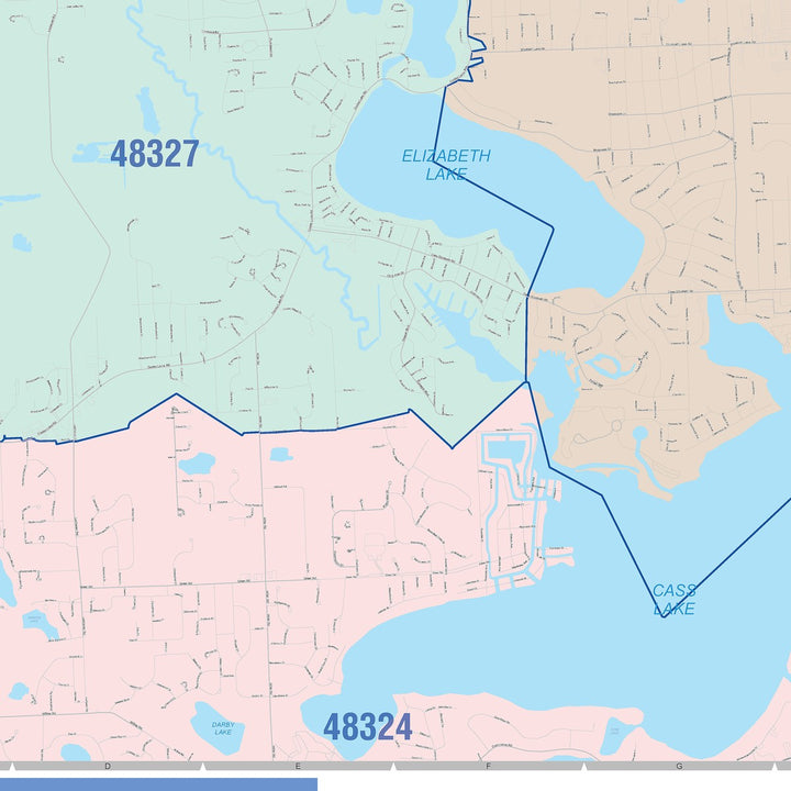 Color Cast Zip Code Style Wall Map of Waterford, MI