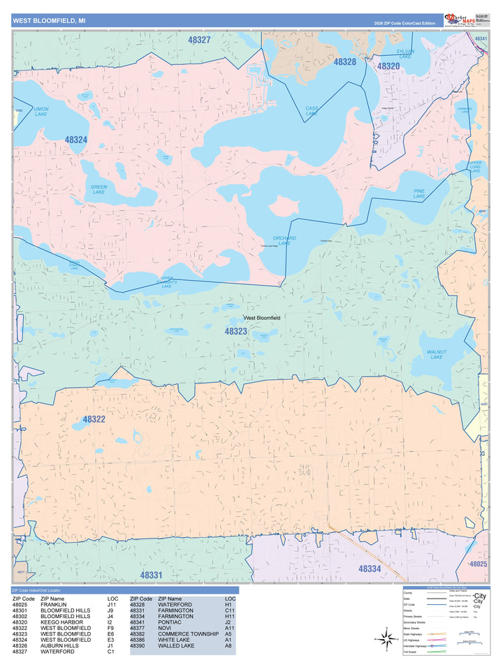Color Cast Zip Code Style Wall Map of West Bloomfield, MI