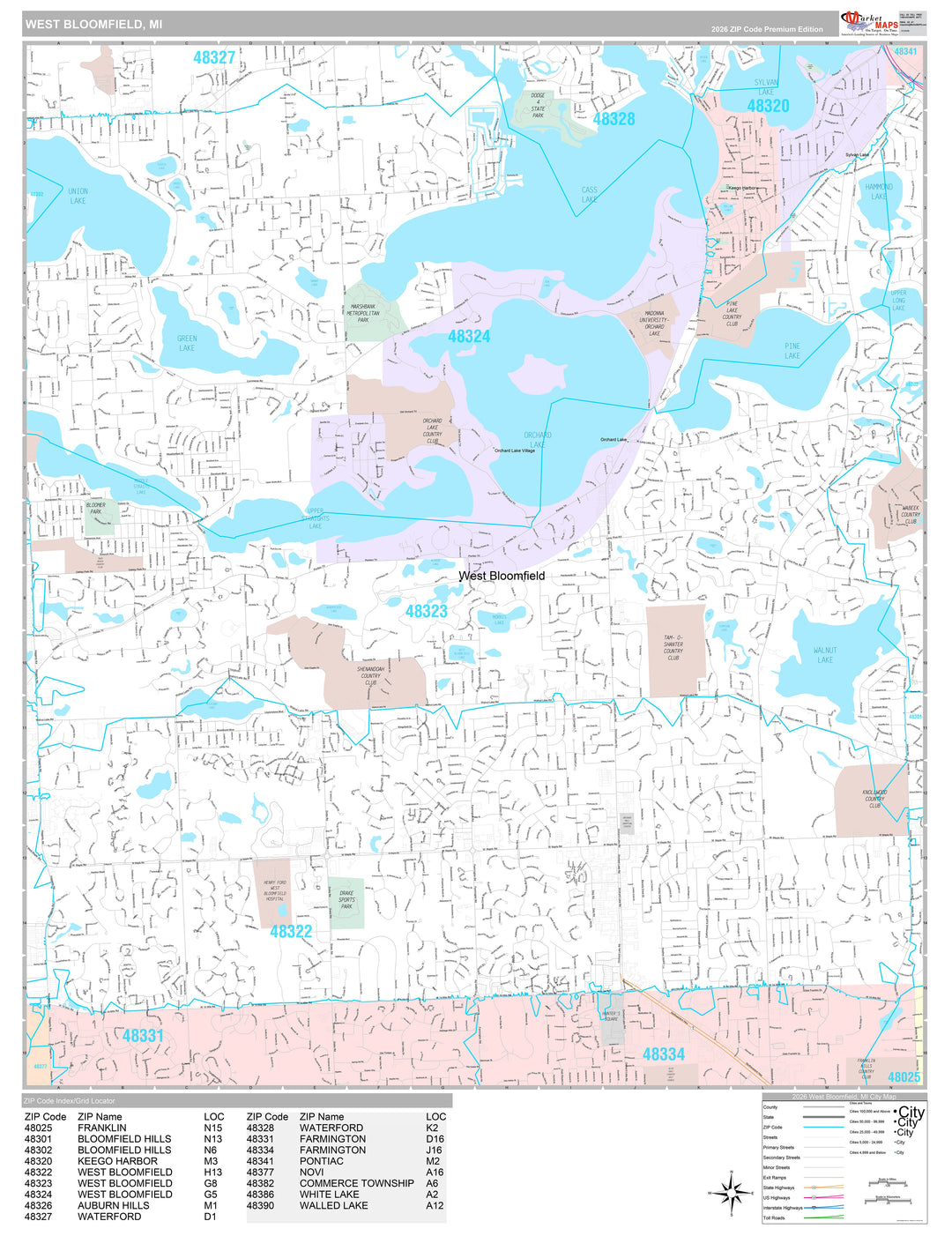 Premium Style Wall Map of West Bloomfield, MI
