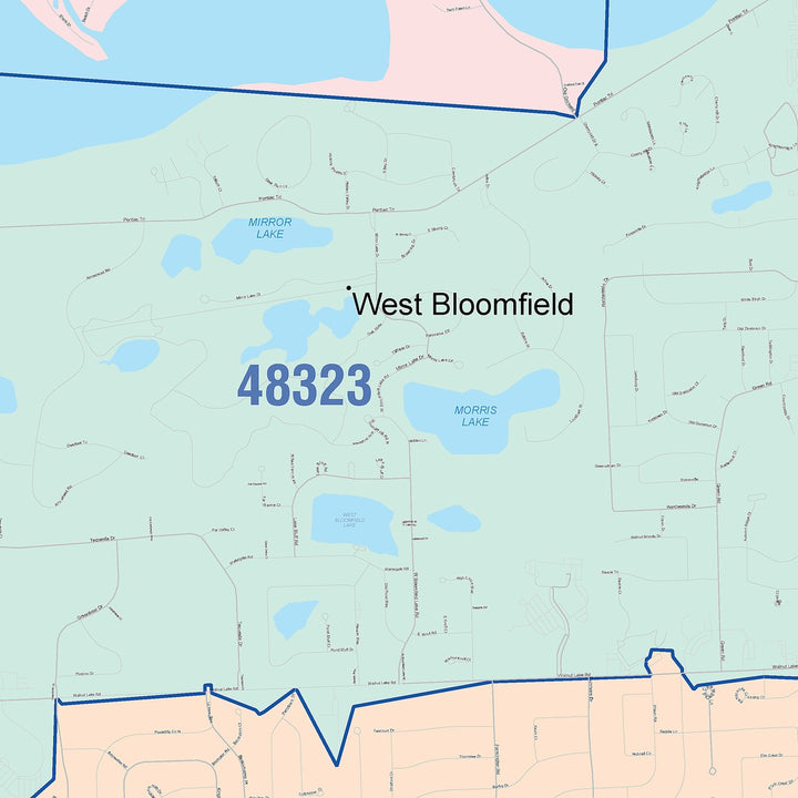 Color Cast Zip Code Style Wall Map of West Bloomfield, MI