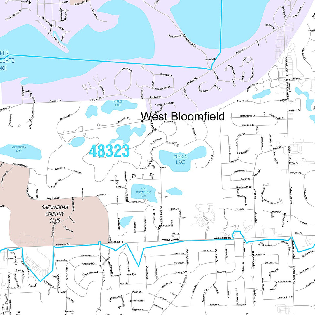 Premium Style Wall Map of West Bloomfield, MI