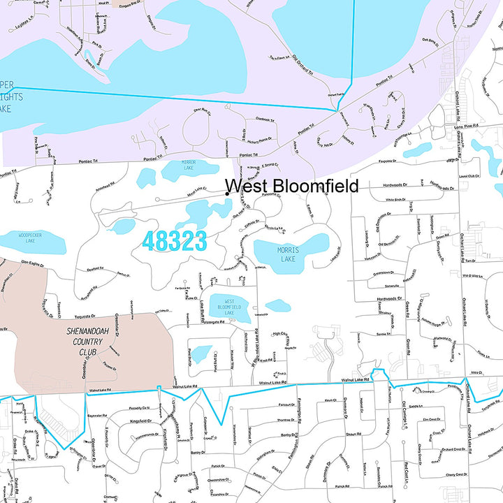 Premium Style Wall Map of West Bloomfield, MI