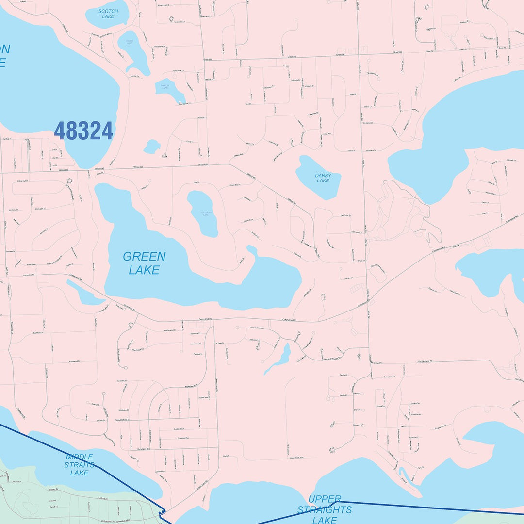Color Cast Zip Code Style Wall Map of West Bloomfield, MI