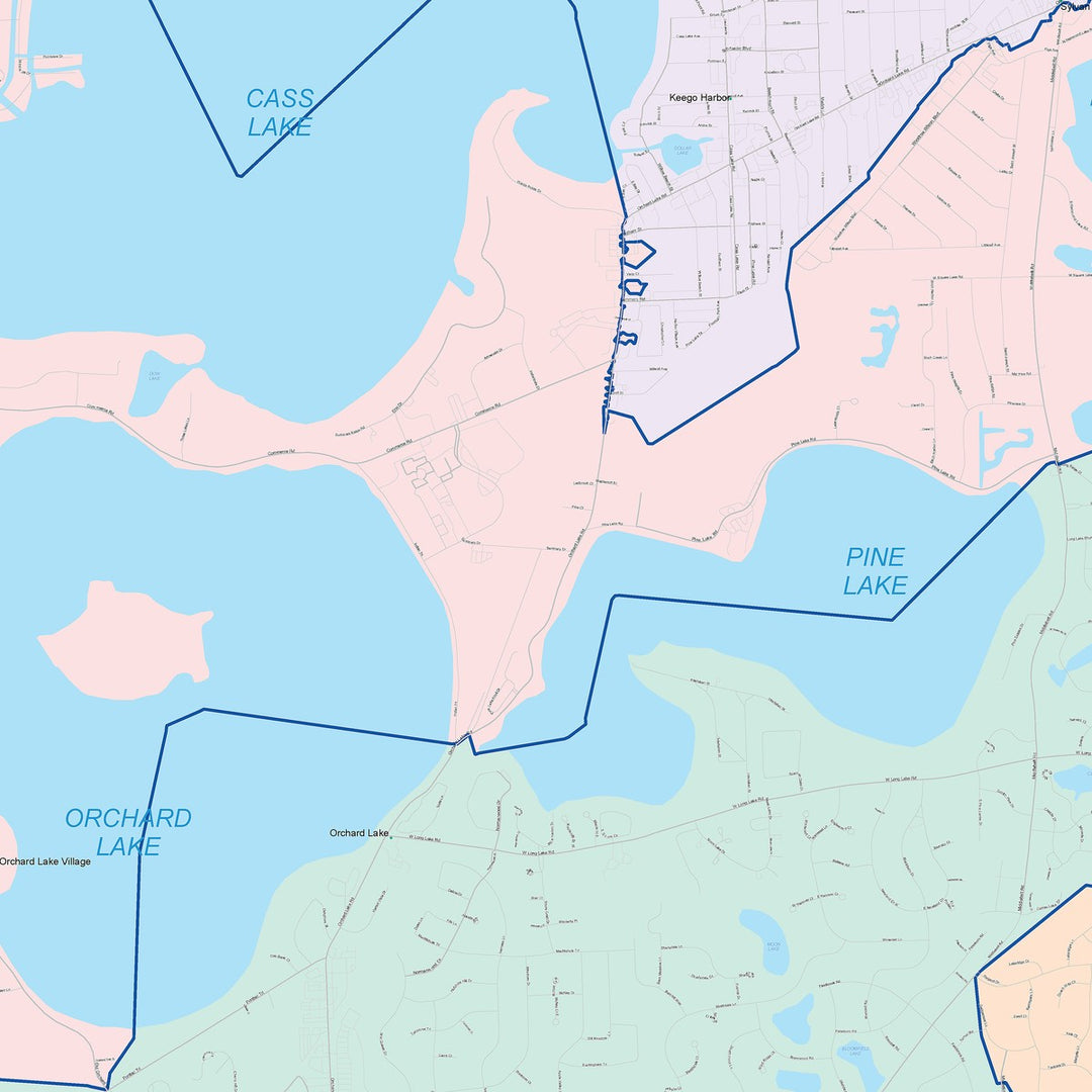 Color Cast Zip Code Style Wall Map of West Bloomfield, MI