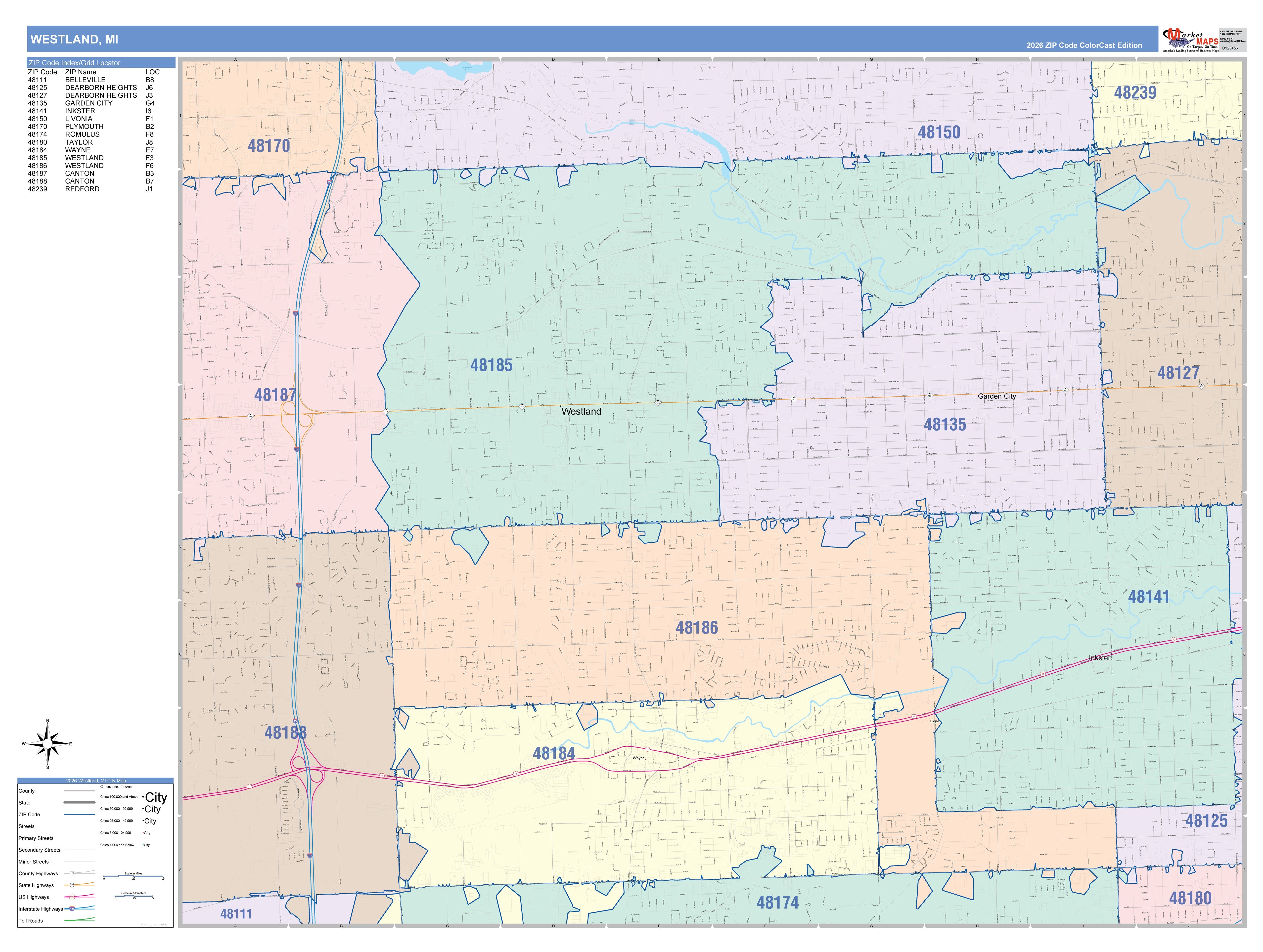 Color Cast Zip Code Style Wall Map of Westland, MI – American Map