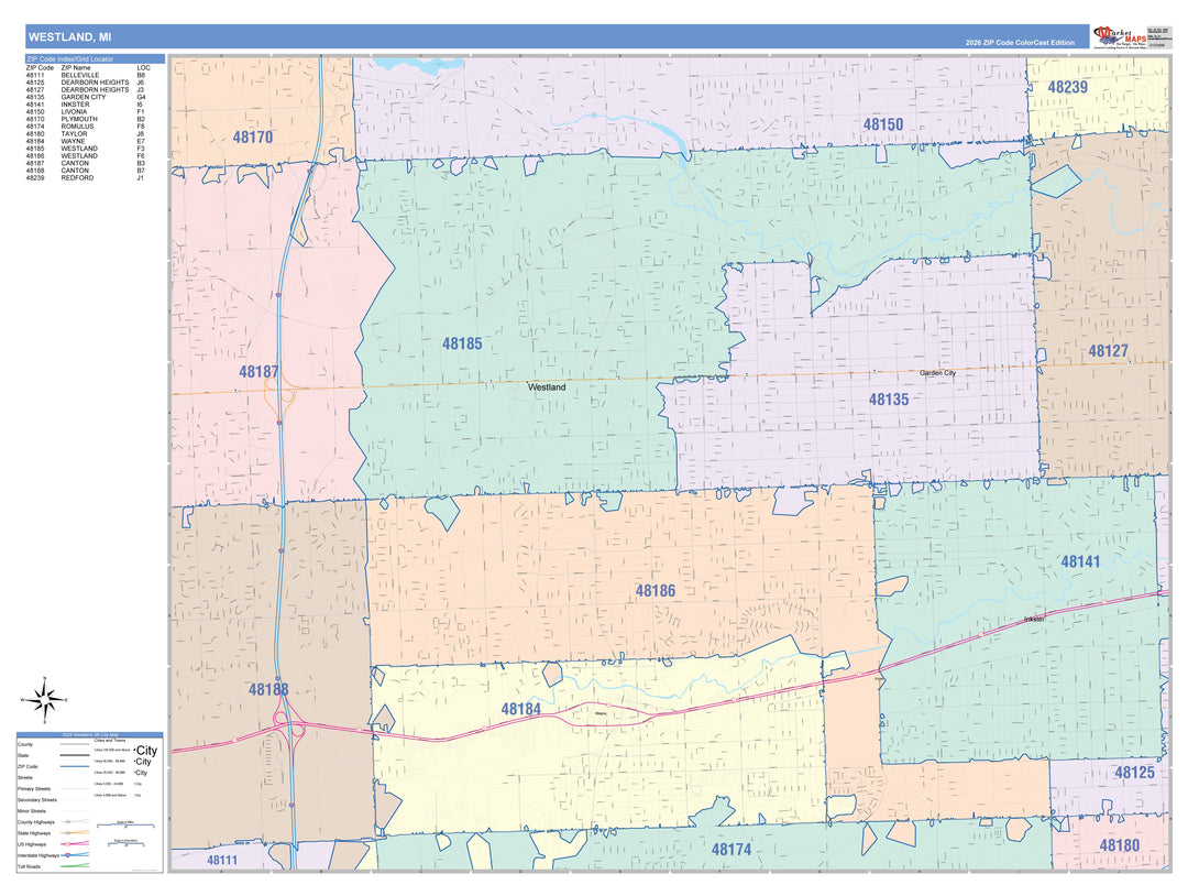 Color Cast Zip Code Style Wall Map of Westland, MI
