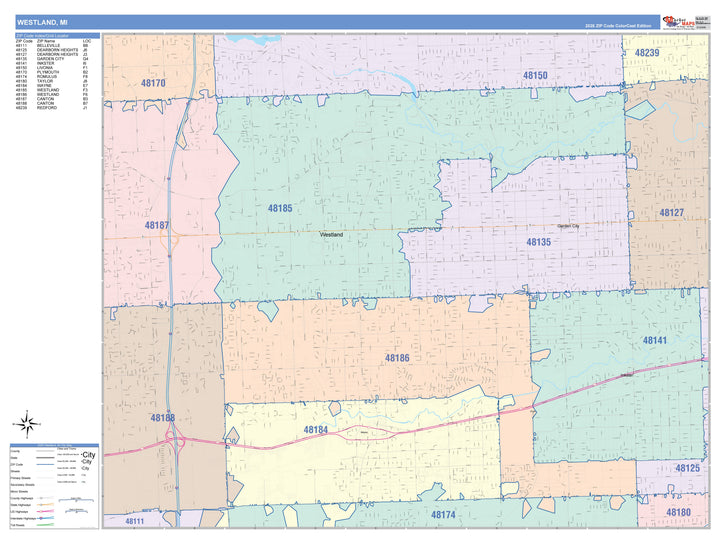 Color Cast Zip Code Style Wall Map of Westland, MI