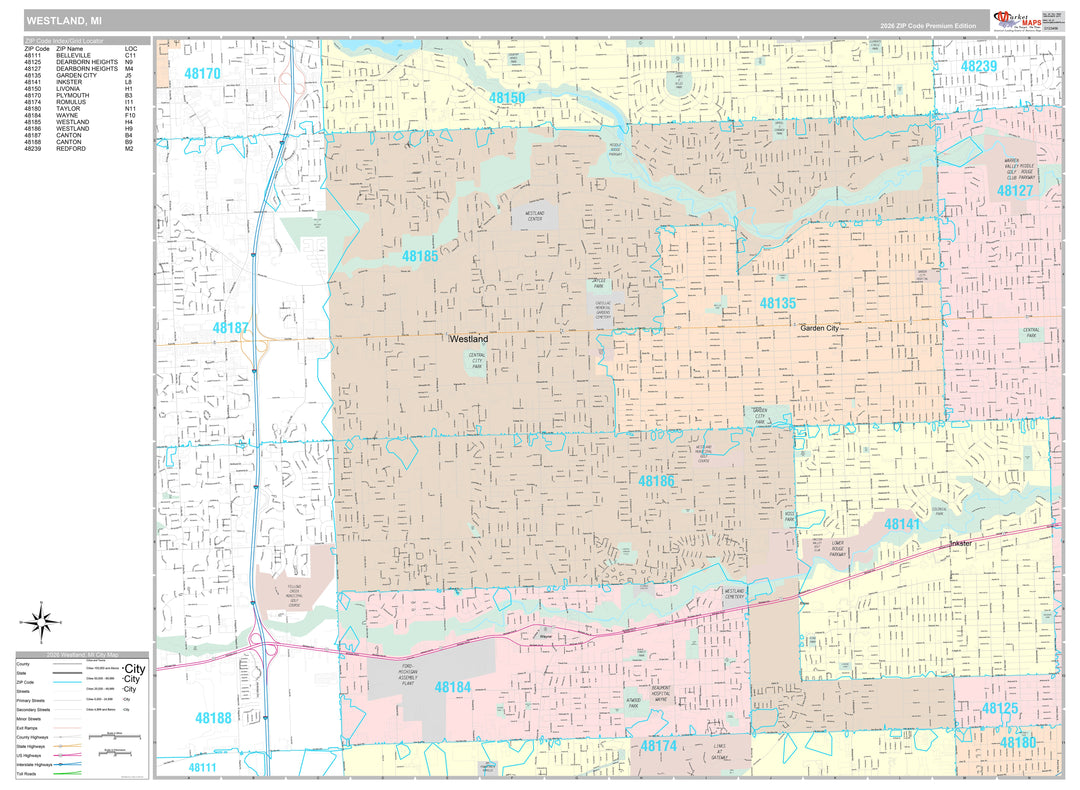 Premium Style Wall Map of Westland, MI