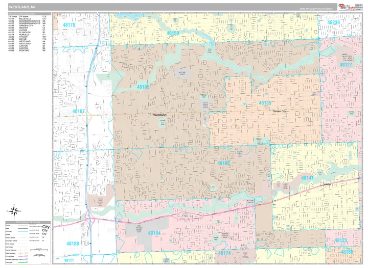 Premium Style Wall Map of Westland, MI