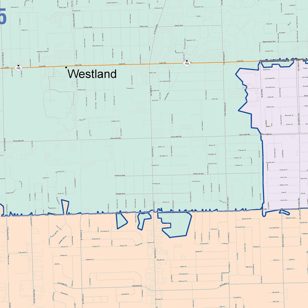 Color Cast Zip Code Style Wall Map of Westland, MI