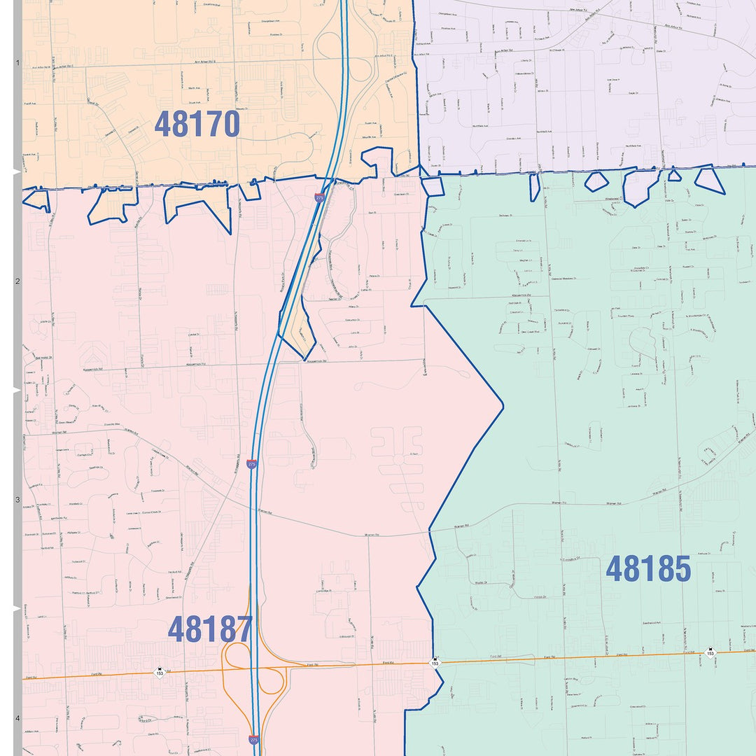 Color Cast Zip Code Style Wall Map of Westland, MI