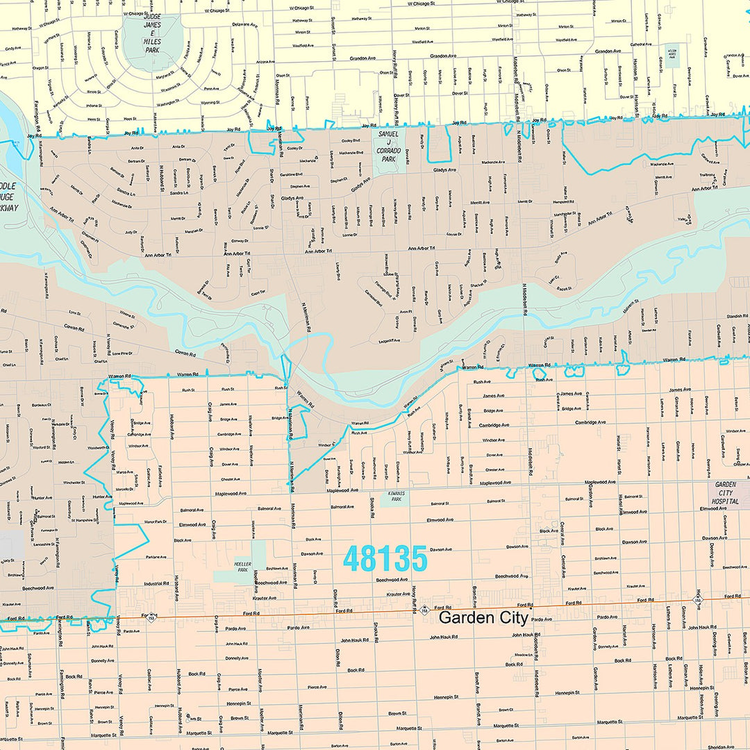 Premium Style Wall Map of Westland, MI