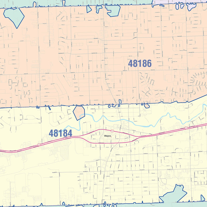 Color Cast Zip Code Style Wall Map of Westland, MI