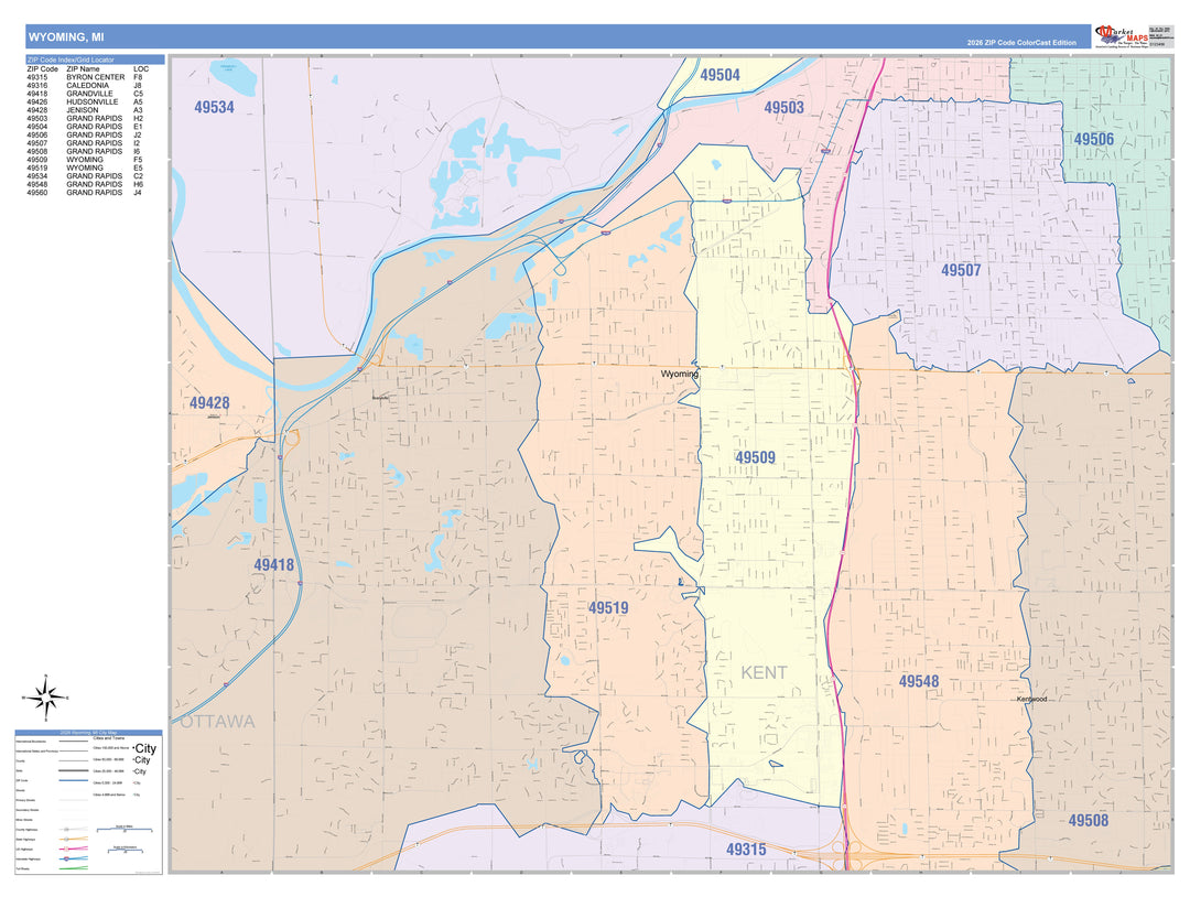 Color Cast Zip Code Style Wall Map of Wyoming, MI