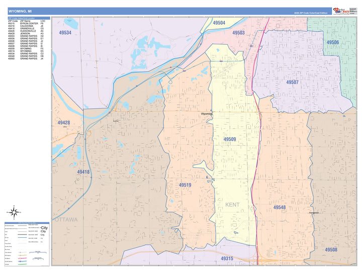 Color Cast Zip Code Style Wall Map of Wyoming, MI