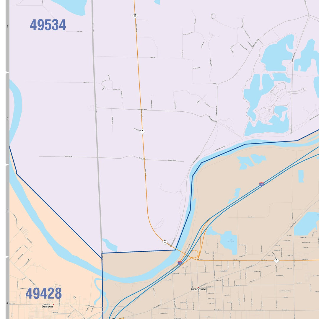 Color Cast Zip Code Style Wall Map of Wyoming, MI