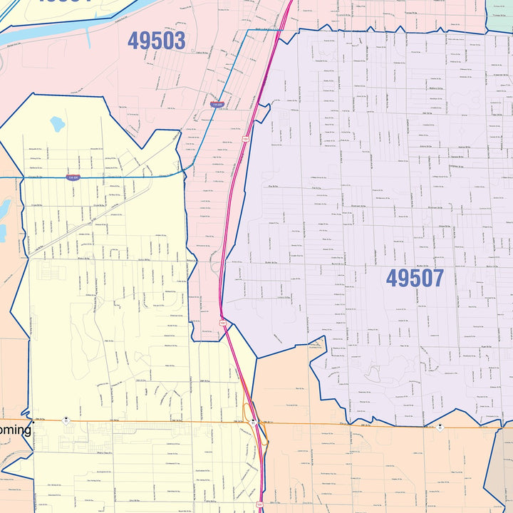Color Cast Zip Code Style Wall Map of Wyoming, MI