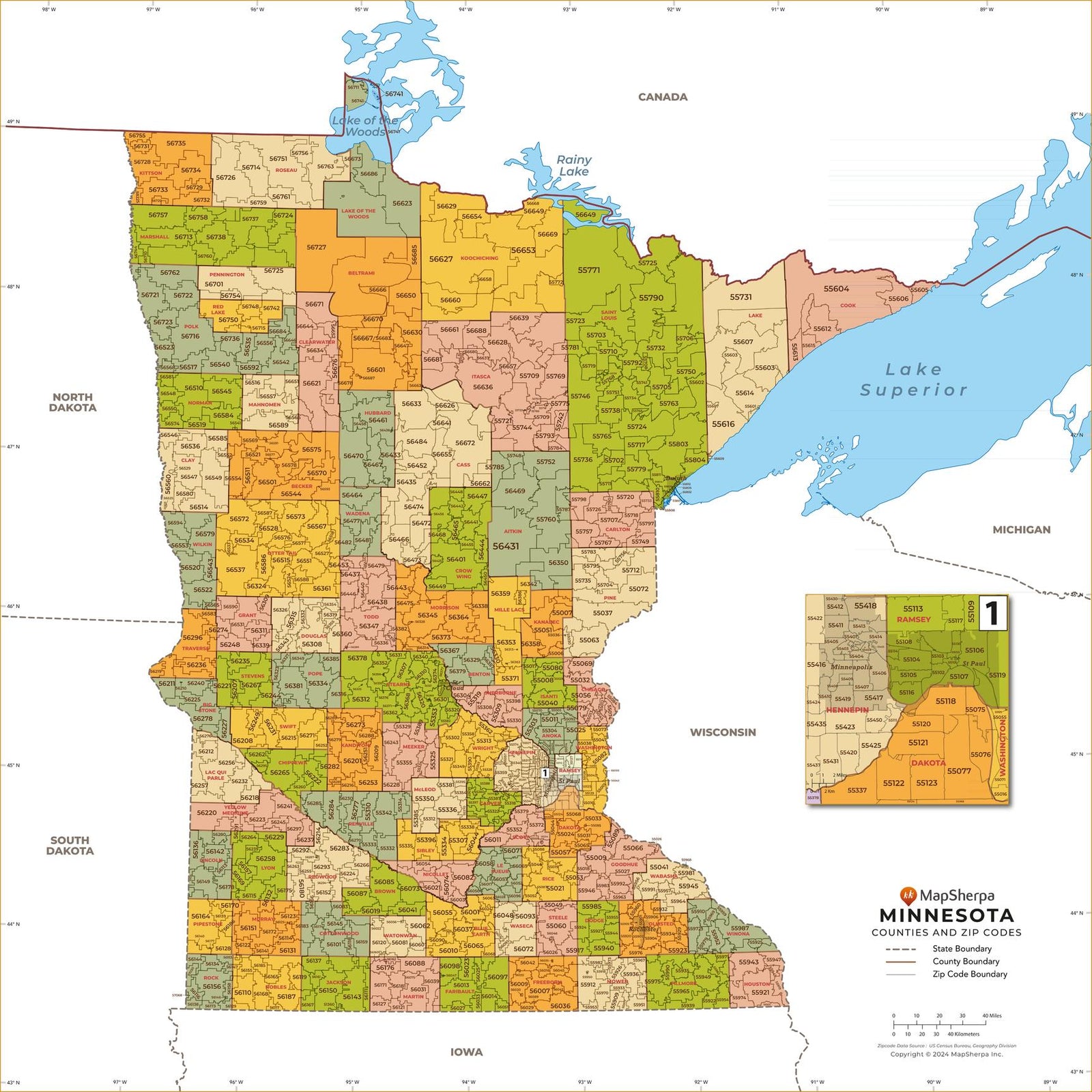 Minnesota Zip Code Map with Counties