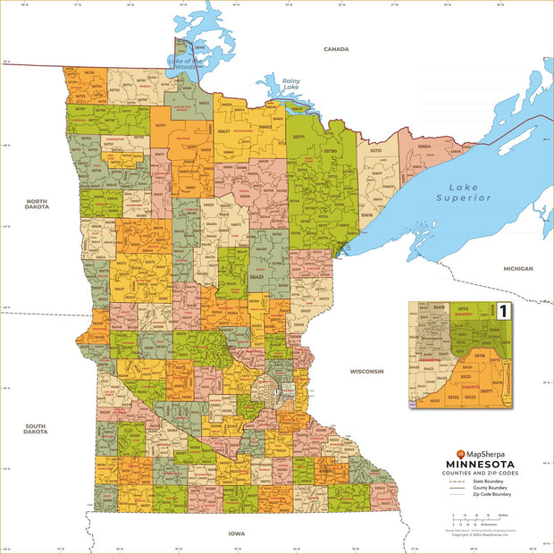 Minnesota Zip Code Map with Counties