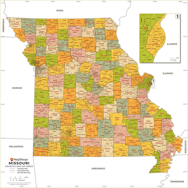 Missouri Zip Code Map with Counties – American Map Store