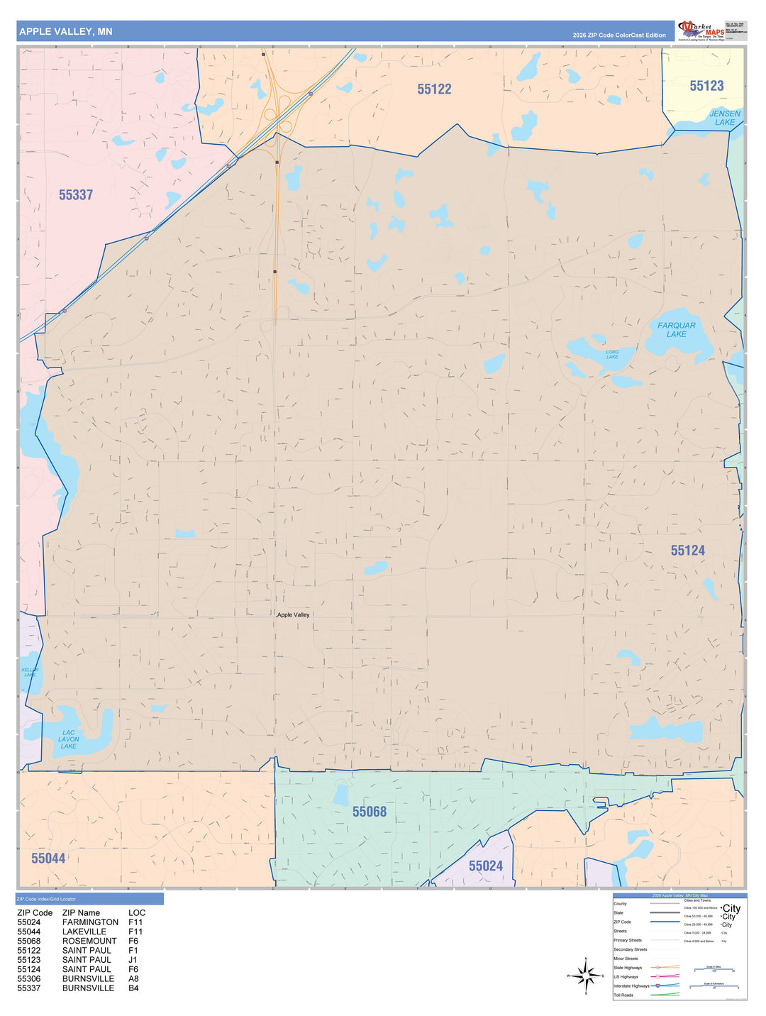 Color Cast Zip Code Style Wall Map of Apple Valley, MN