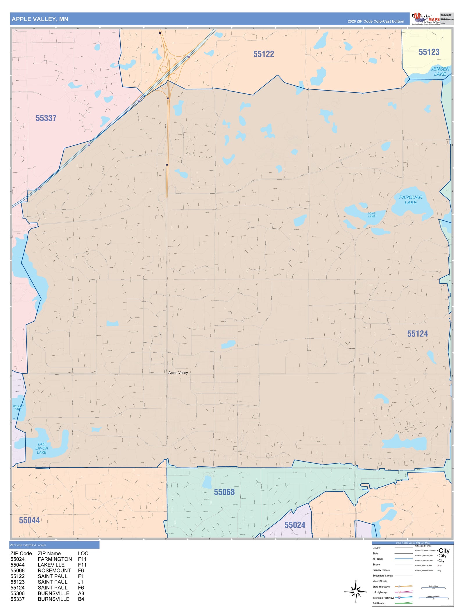 Color Cast Zip Code Style Wall Map of Apple Valley, MN