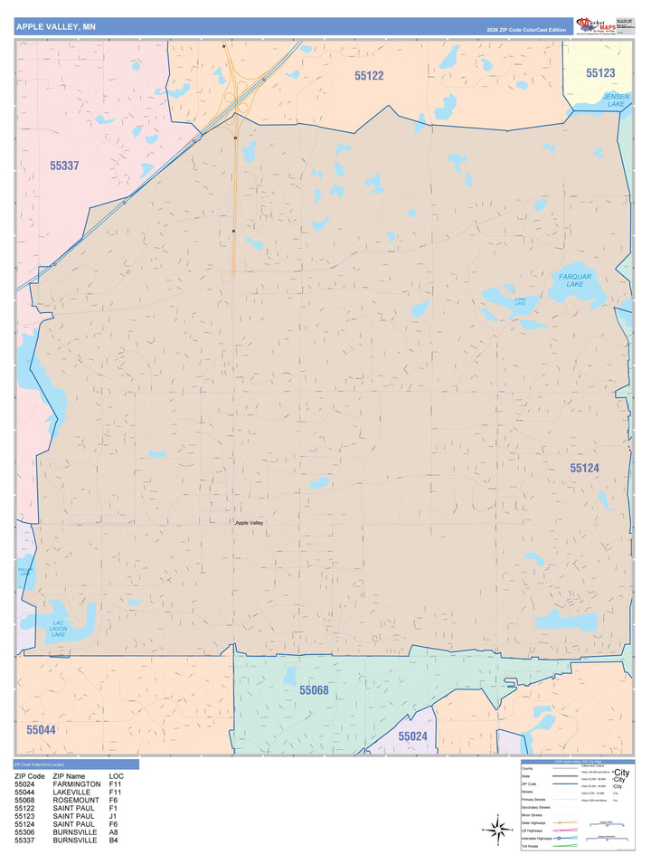 Color Cast Zip Code Style Wall Map of Apple Valley, MN