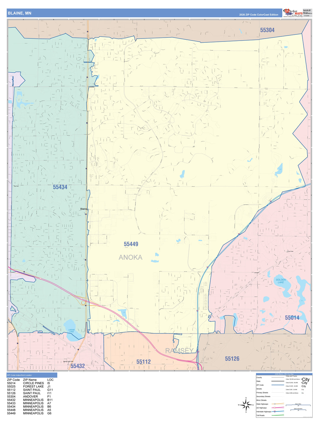 Color Cast Zip Code Style Wall Map of Blaine, MN