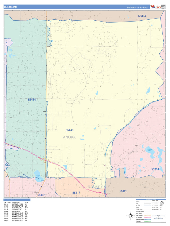 Color Cast Zip Code Style Wall Map of Blaine, MN