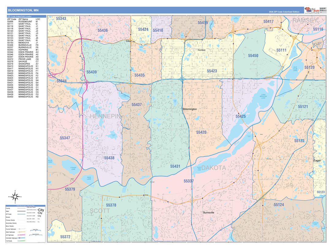 Color Cast Zip Code Style Wall Map of Bloomington, MN