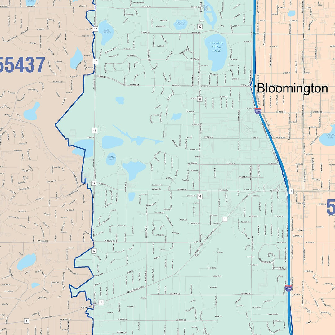 Color Cast Zip Code Style Wall Map of Bloomington, MN