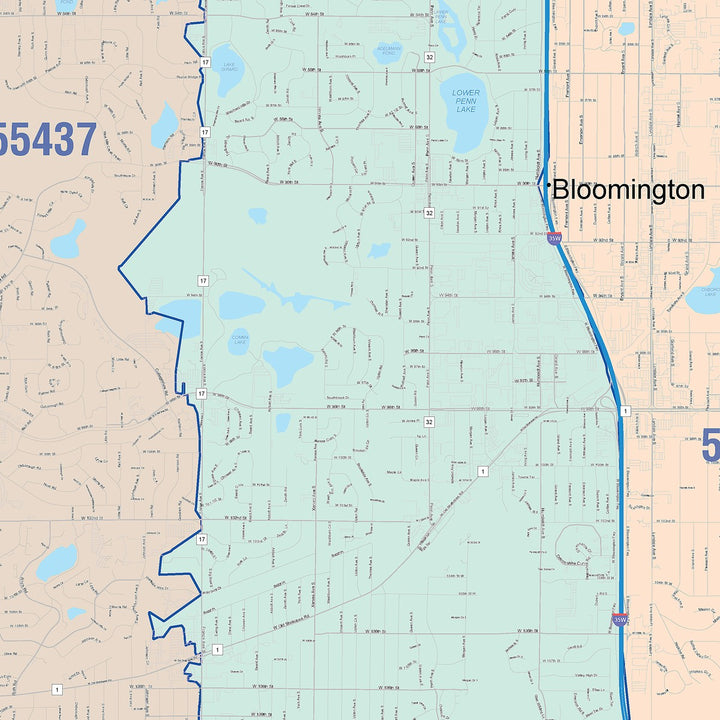 Color Cast Zip Code Style Wall Map of Bloomington, MN