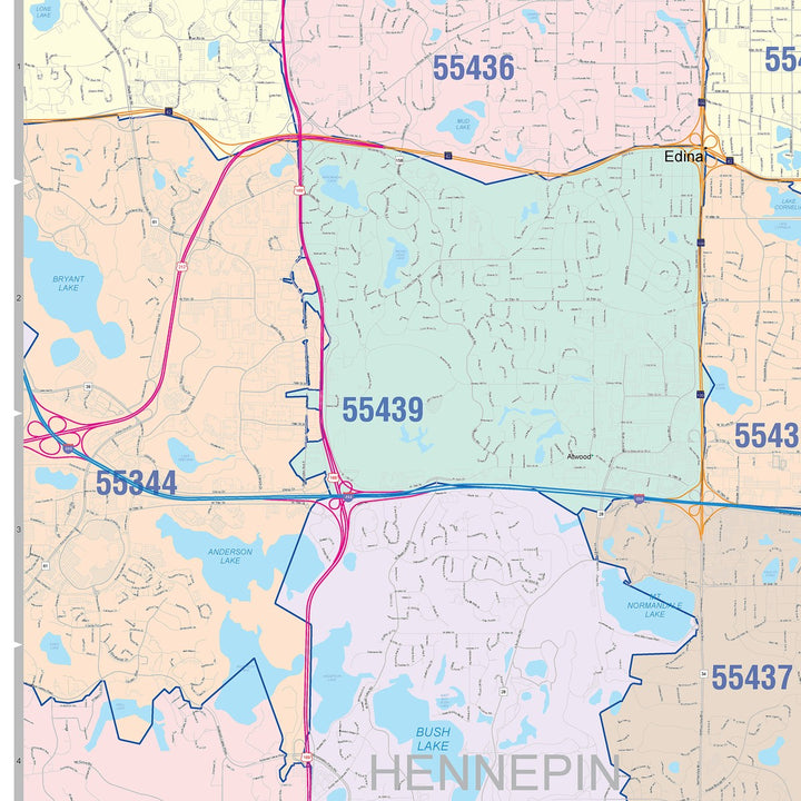 Color Cast Zip Code Style Wall Map of Bloomington, MN