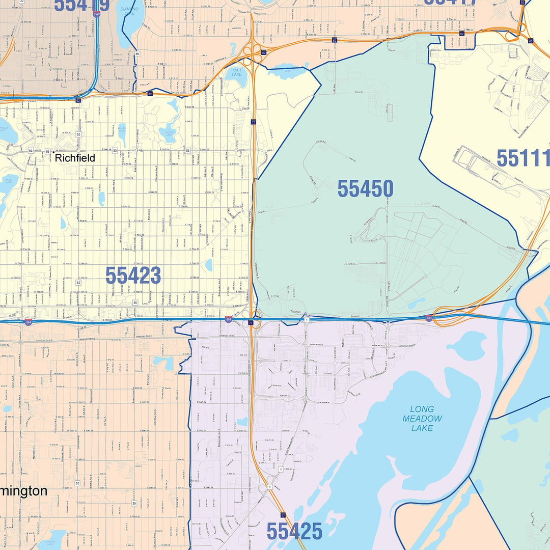 Color Cast Zip Code Style Wall Map of Bloomington, MN