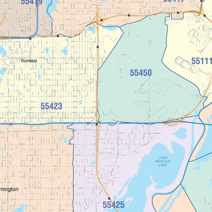 Color Cast Zip Code Style Wall Map of Bloomington, MN