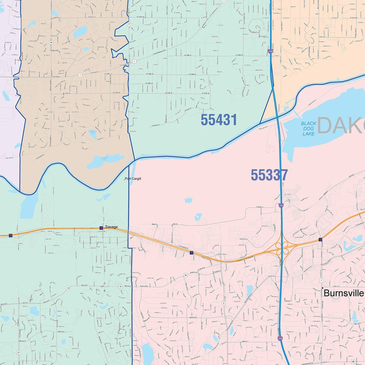 Color Cast Zip Code Style Wall Map of Bloomington, MN