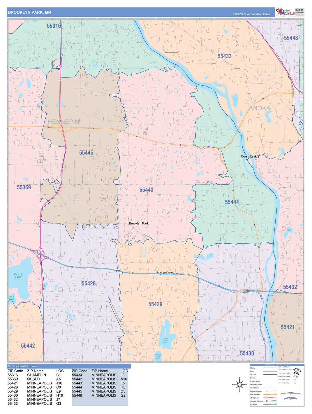 Color Cast Zip Code Style Wall Map of Brooklyn Park, MN