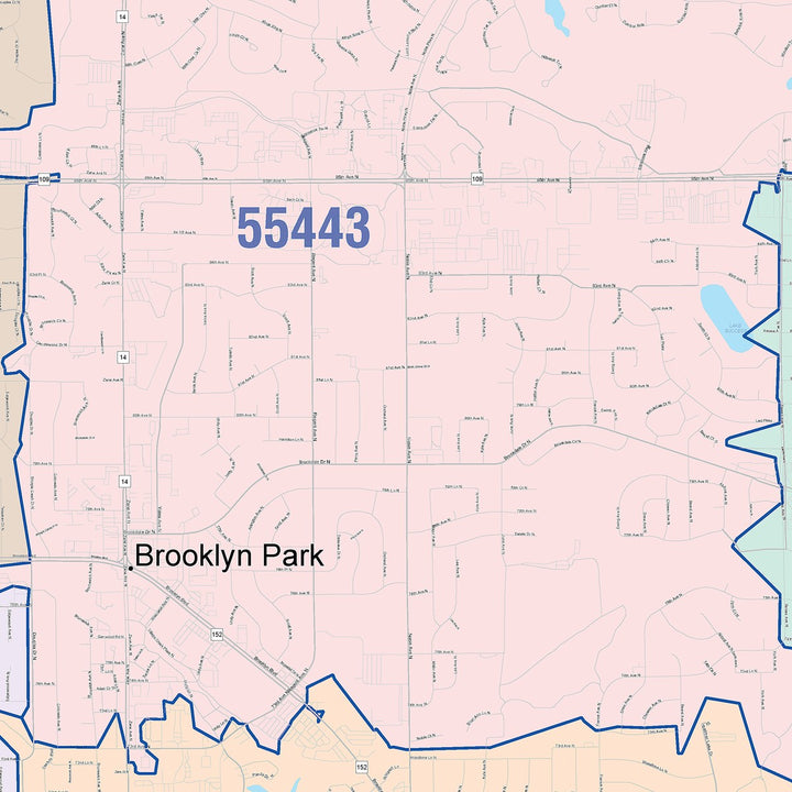 Color Cast Zip Code Style Wall Map of Brooklyn Park, MN