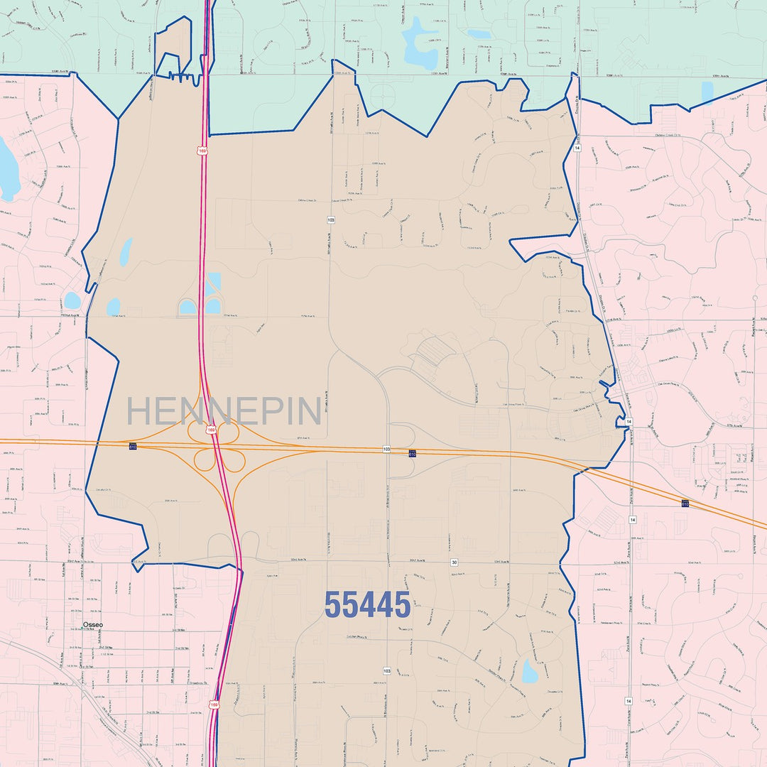 Color Cast Zip Code Style Wall Map of Brooklyn Park, MN