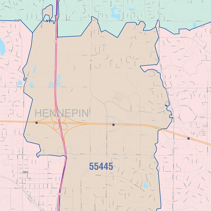 Color Cast Zip Code Style Wall Map of Brooklyn Park, MN