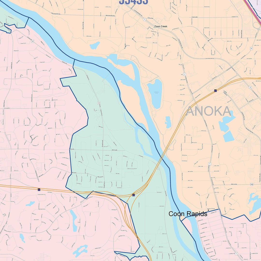Color Cast Zip Code Style Wall Map of Brooklyn Park, MN